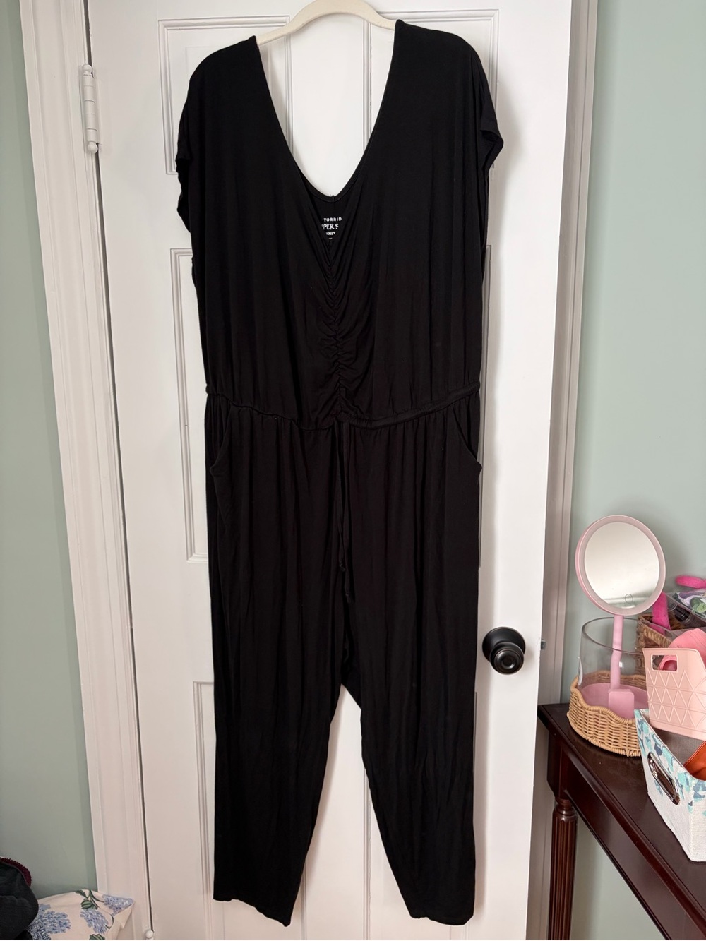 torrid Black V-Neck Draped Jumpsuit with Pockets